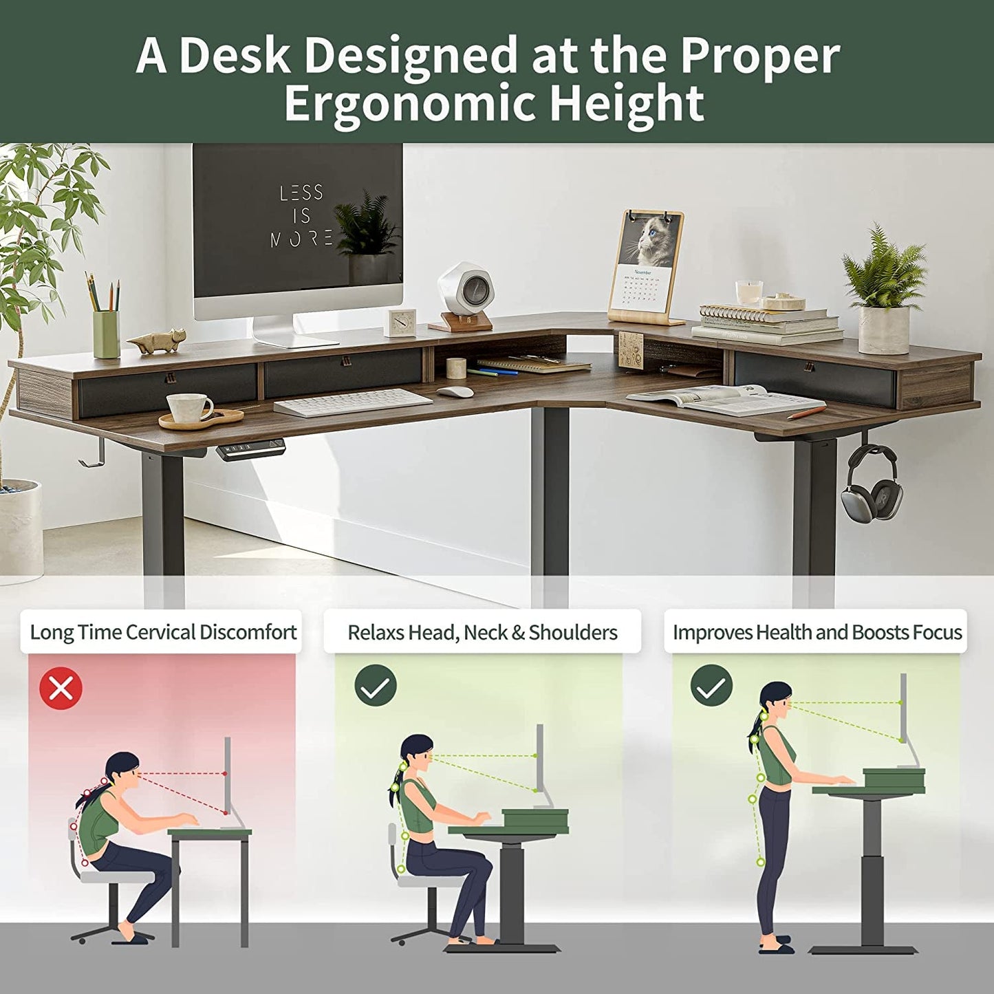 63 Inch L Shaped Electric Standing Desk With Drawers