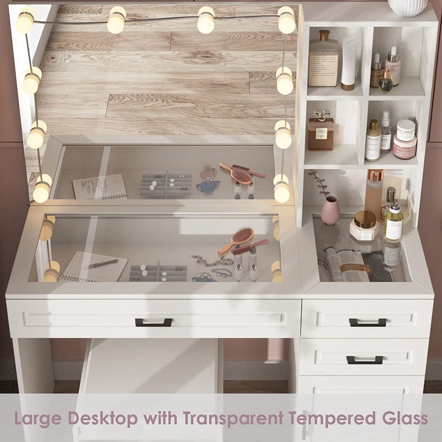 White Luxury Vanity Desk With Lighted Hollywood Mirror