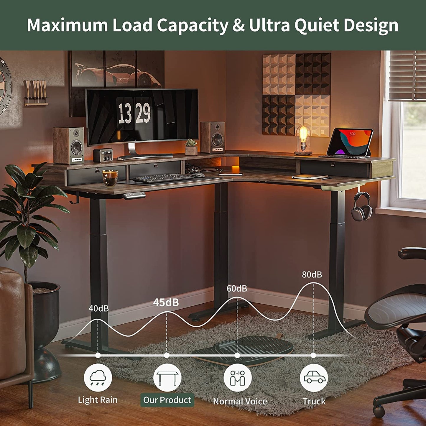 63 Inch L Shaped Electric Standing Desk With Drawers
