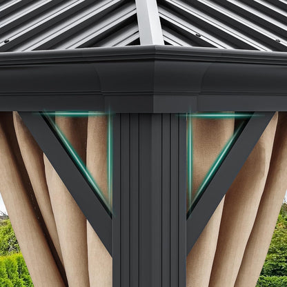 10x12 Ft Brown Steel Hardtop Gazebo With Netting And Curtains For