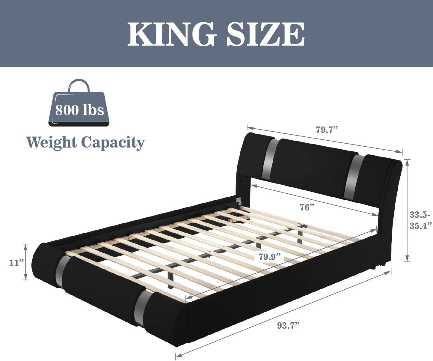 Black King Faux Leather Platform Bed Adjustable Headboard
