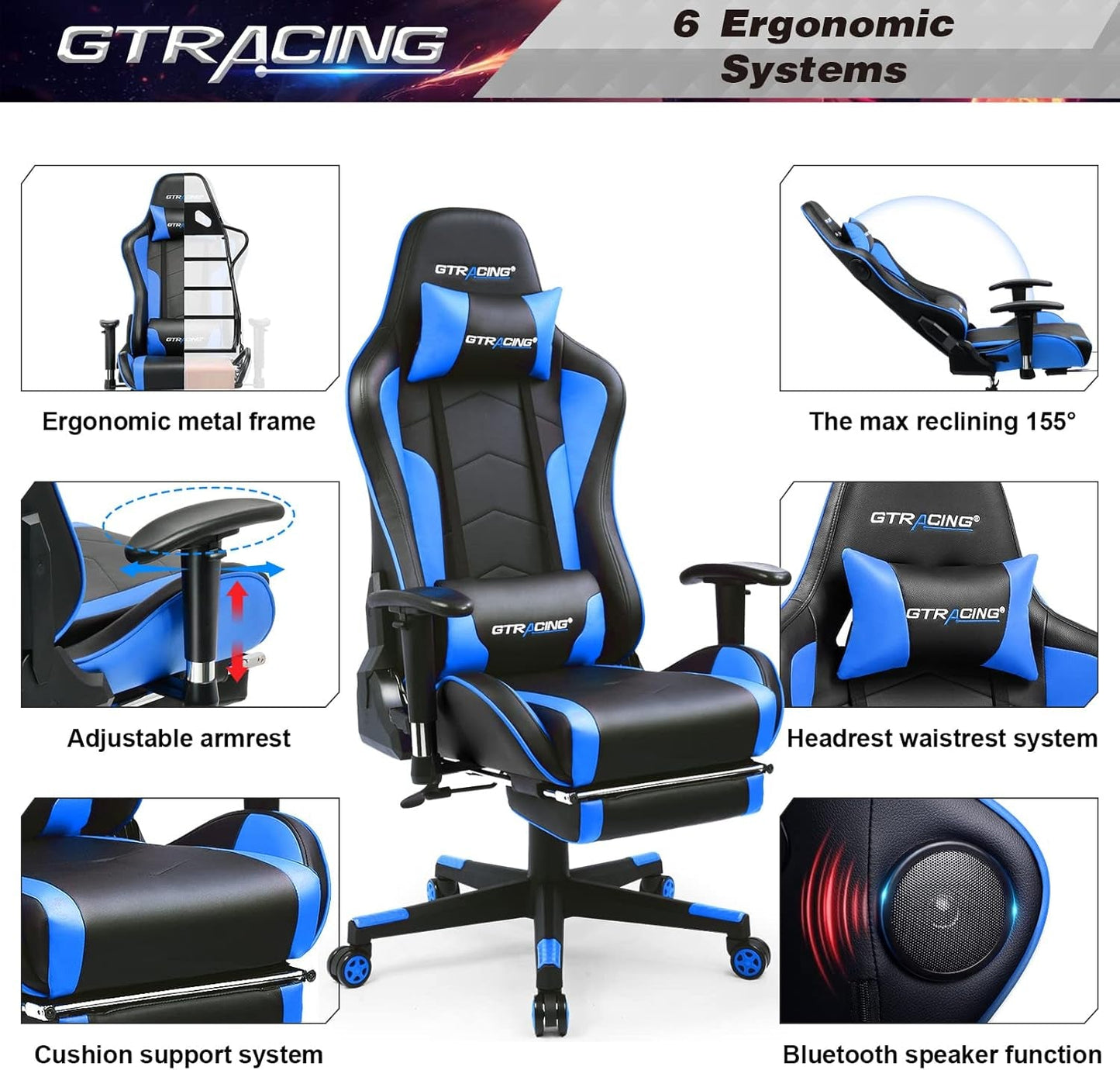 Blue Bluetooth Gaming Chair With Footrest And Speakers