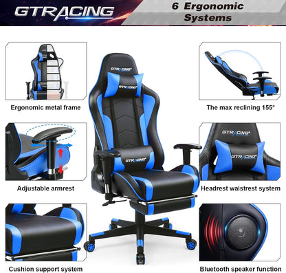 Blue Bluetooth Gaming Chair With Footrest And Speakers