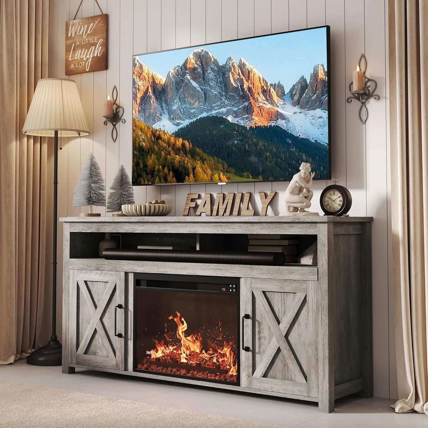 Barn Door Electric Fireplace TV Stand For 65 Inch TVs Gray