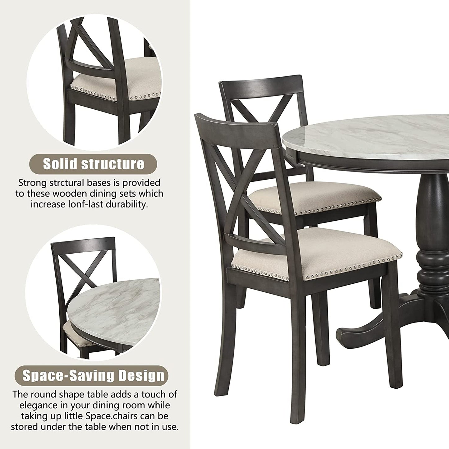 Wood Round Dining Table Set With Cushioned Chairs Pedestal