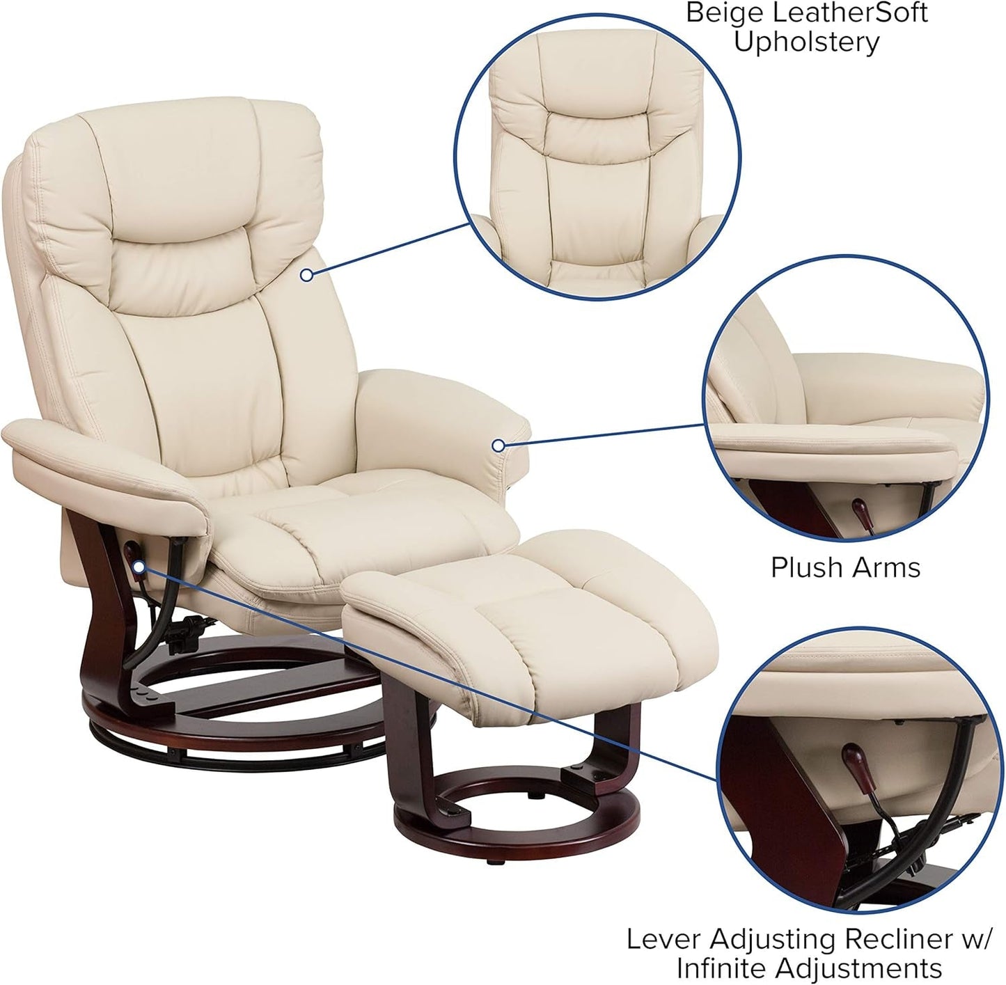 Beige Leathersoft Upholstered Recliner With Ottoman