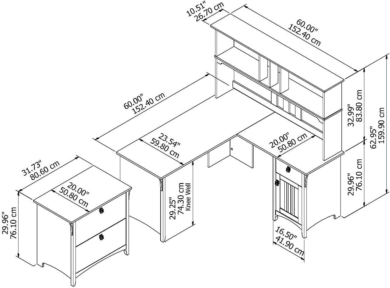 60W L Shaped Desk With Hutch And File Cabinet Home Office