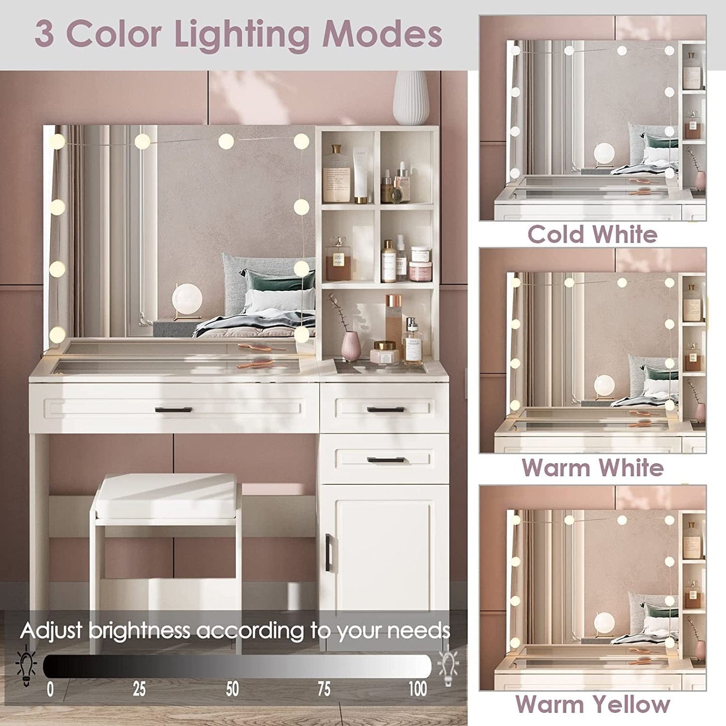 White Luxury Vanity Desk With Lighted Hollywood Mirror