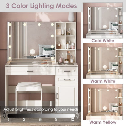 White Luxury Vanity Desk With Lighted Hollywood Mirror