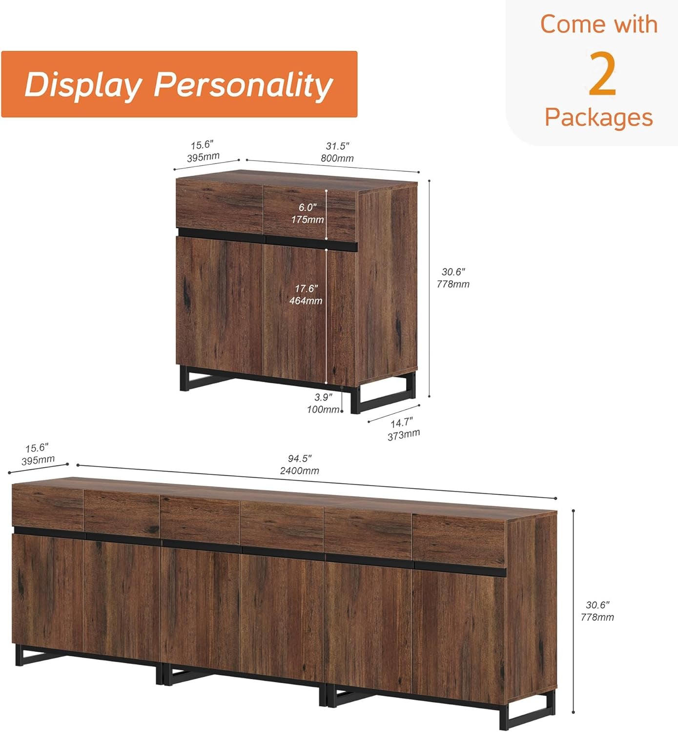 Brown 3 in 1 Sideboard Buffet Cabinet With Adjustable Shelf