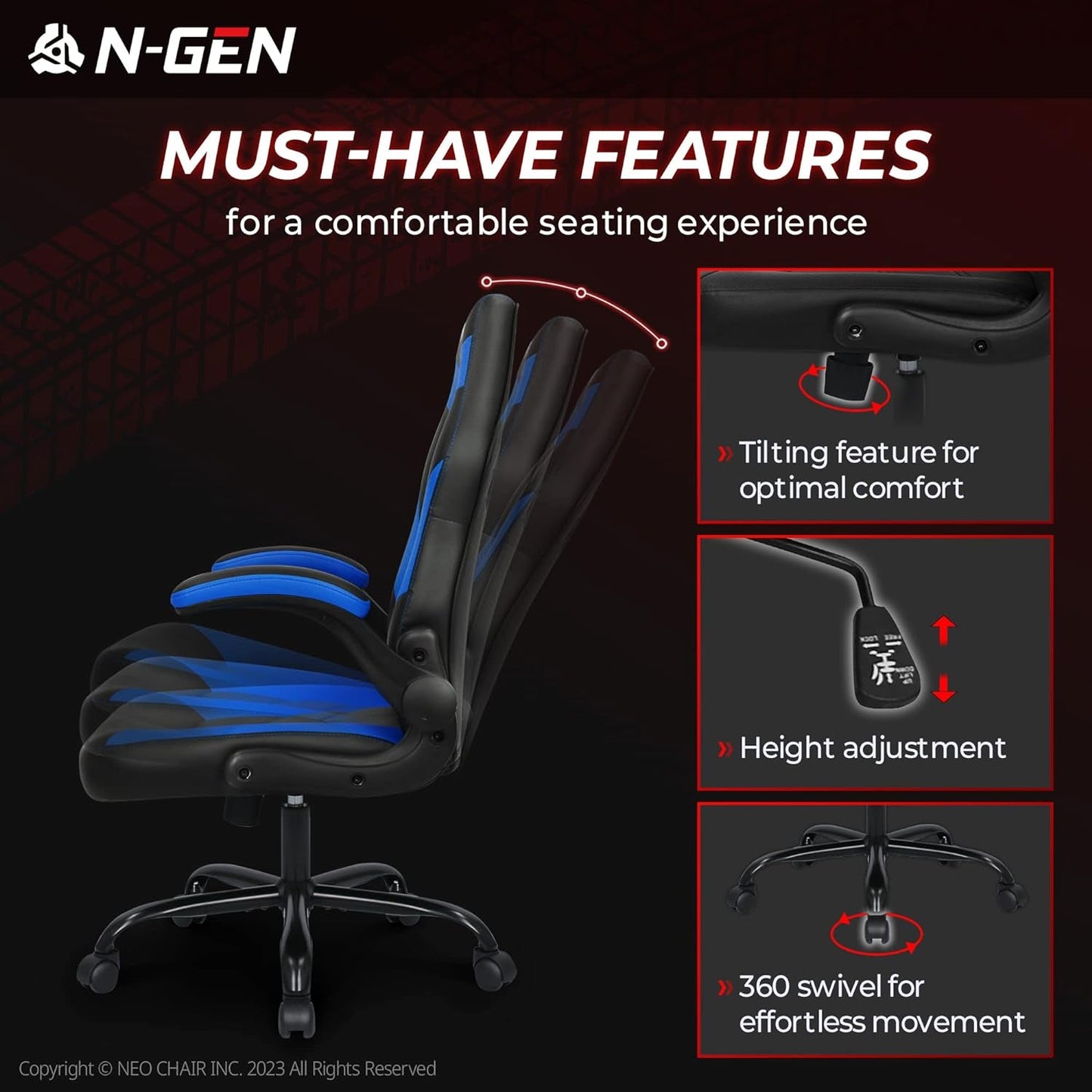 Blue Ergonomic Gaming Chair With Adjustable Height