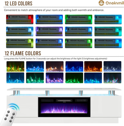 80 Inch White Electric Fireplace TV Stand With LED Lights