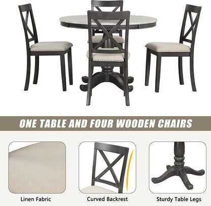 Wood Round Dining Table Set With Cushioned Chairs Pedestal