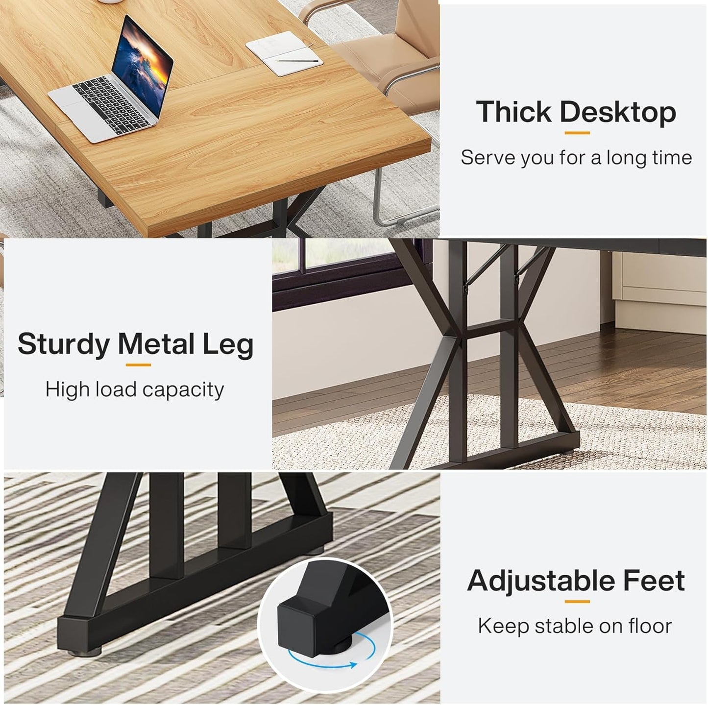 70.8 Inch Executive Desk Light Walnut Black Large Computer Office Desk