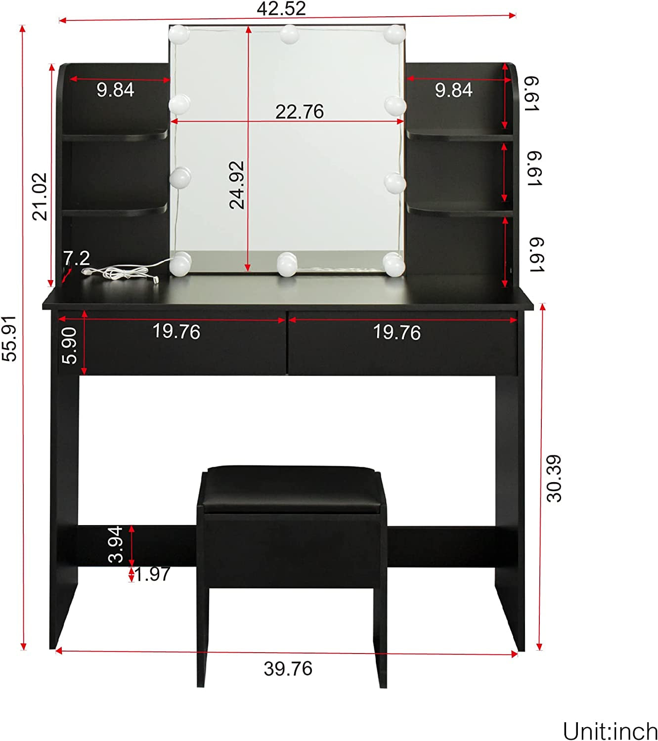 Black Vanity Set With 10 Lights For Bedroom Storage