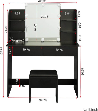 Black Vanity Set With 10 Lights For Bedroom Storage