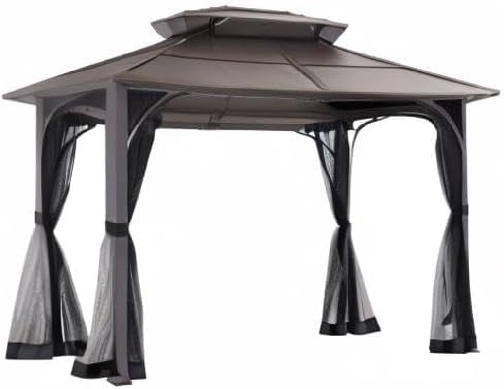 10x12 Brown Hardtop Gazebo With Steel Frame And Netting For Outdoor
