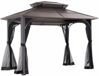 10x12 Brown Hardtop Gazebo With Steel Frame And Netting For Outdoor