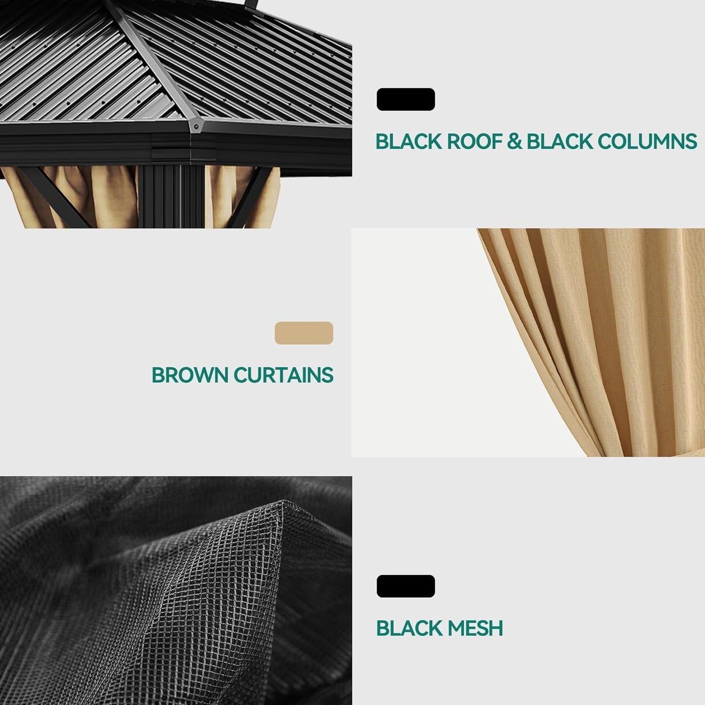 10x12 Ft Brown Steel Hardtop Gazebo With Netting And Curtains For