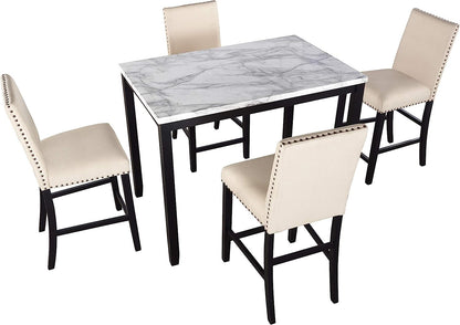5-Piece Counter Height Dining Table Set Faux Marble Top
