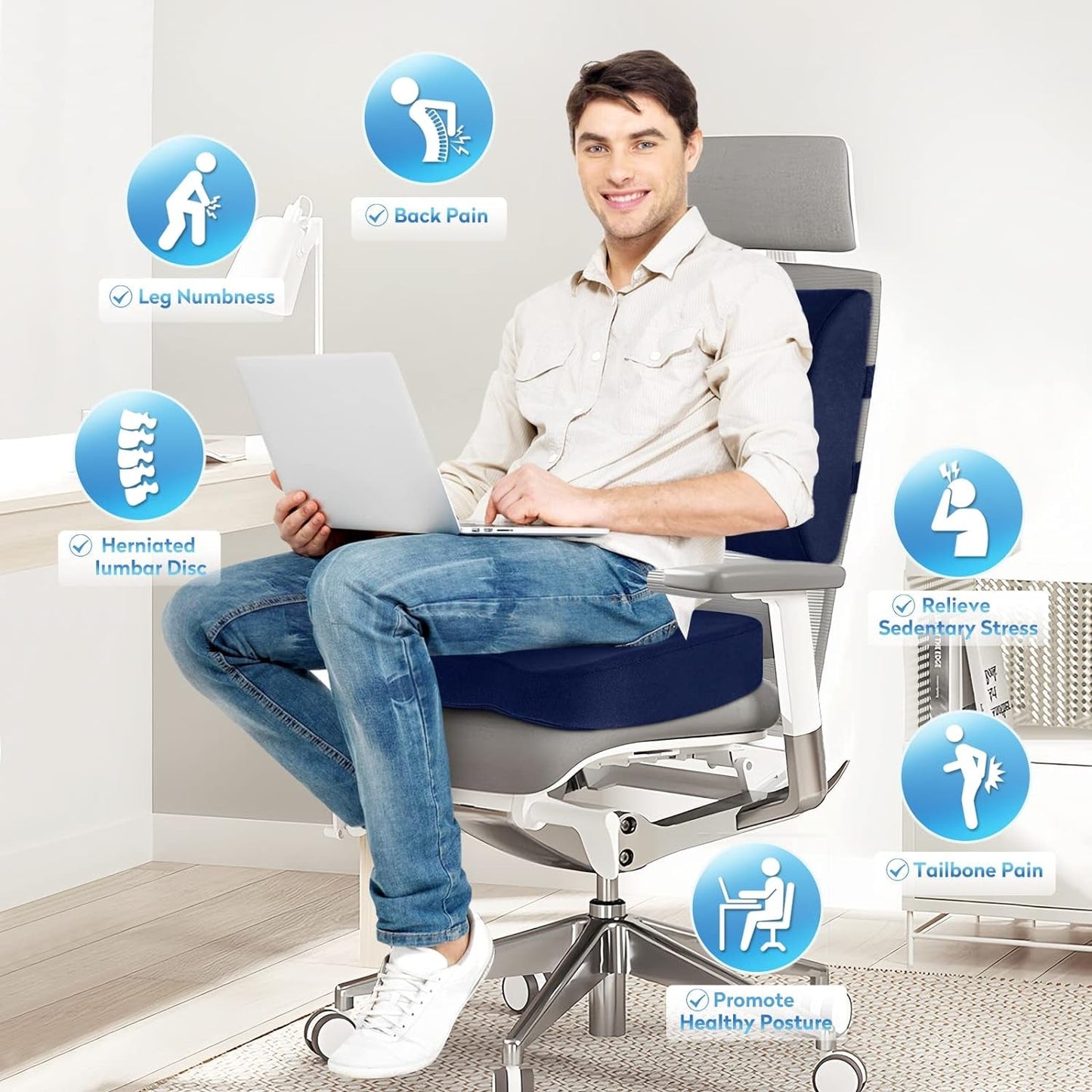 Blue Memory Foam Seat Cushion For Office Chair Lumbar