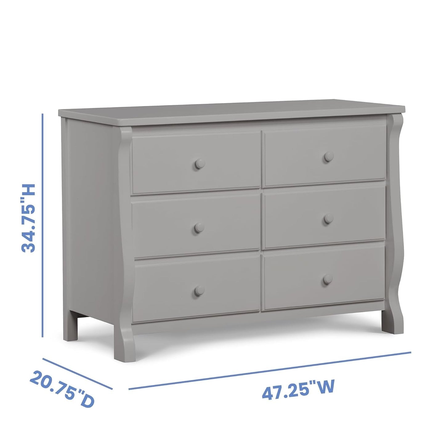 Six Drawer Dresser In Grey With Interlocking Drawers
