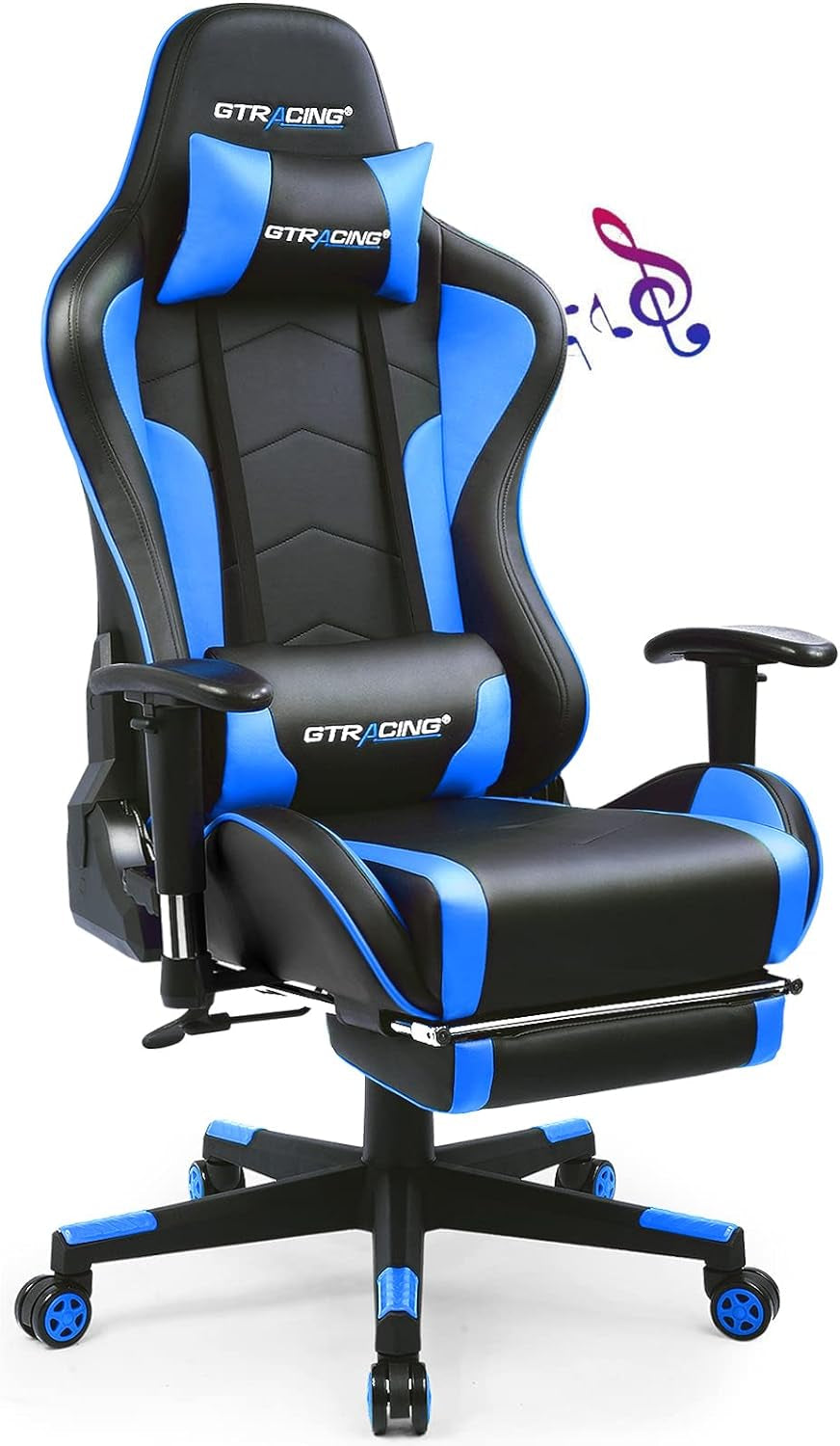Blue Bluetooth Gaming Chair With Footrest And Speakers