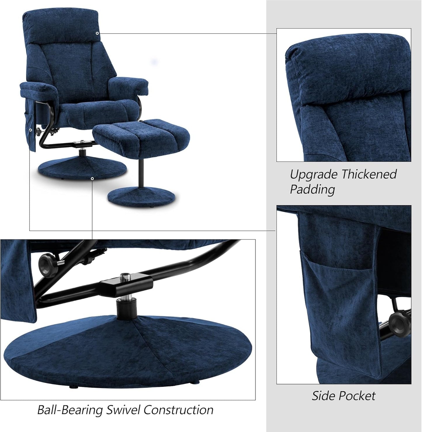 Swivel Recliner With Ottoman And Vibration Massage Blue Textile