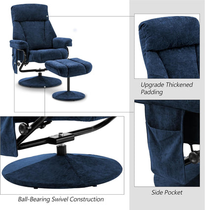 Swivel Recliner With Ottoman And Vibration Massage Blue Textile