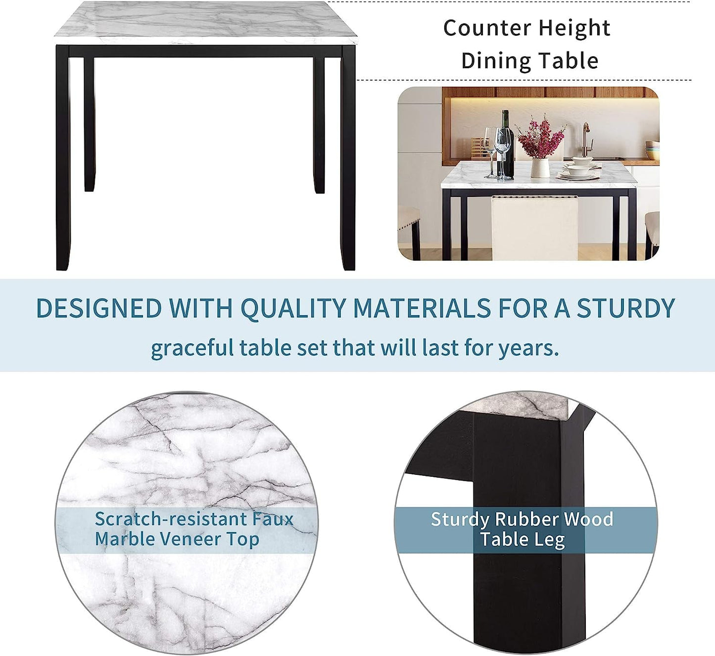 5-Piece Counter Height Dining Table Set Faux Marble Top