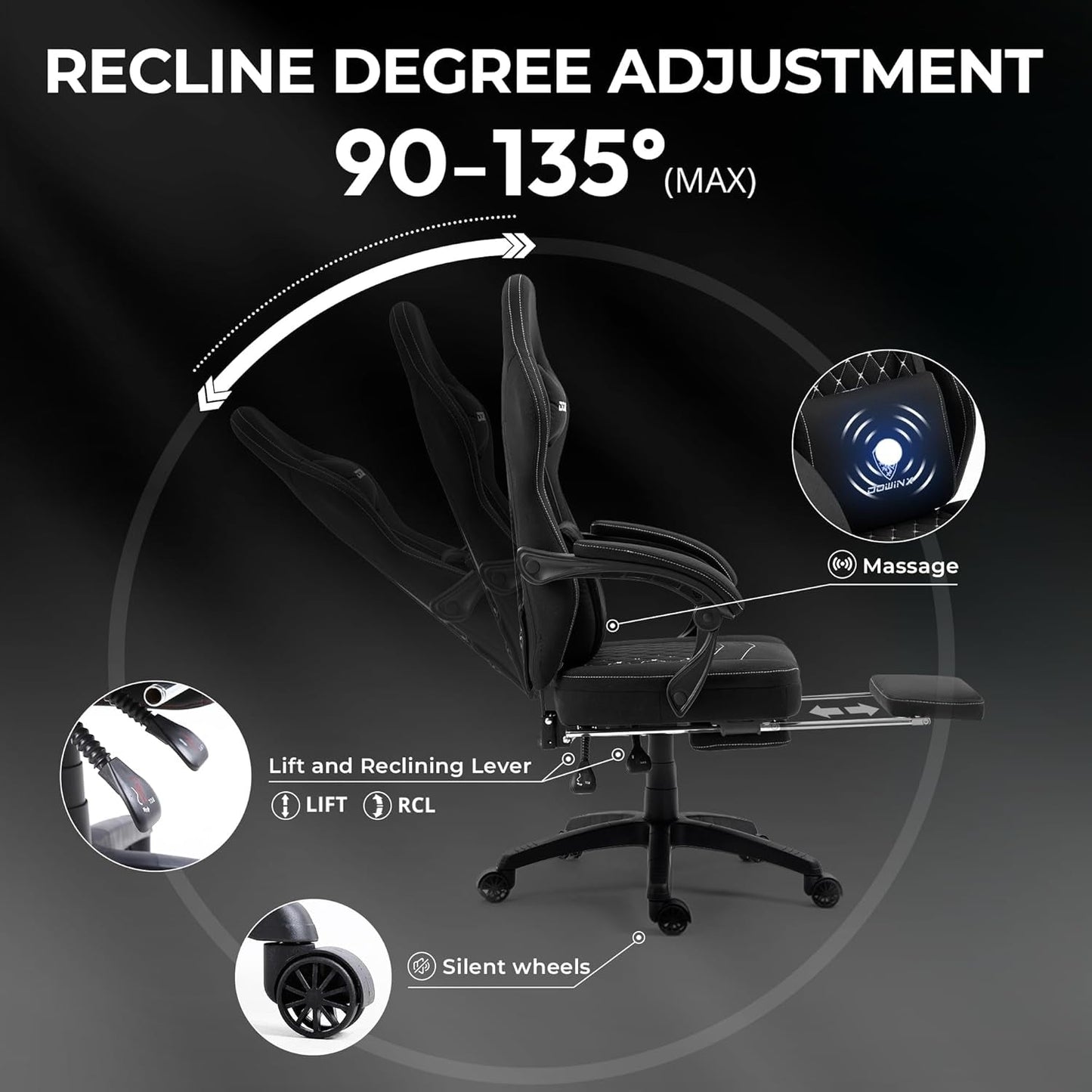 Black Breathable Fabric Gaming Chair With Massage Pad