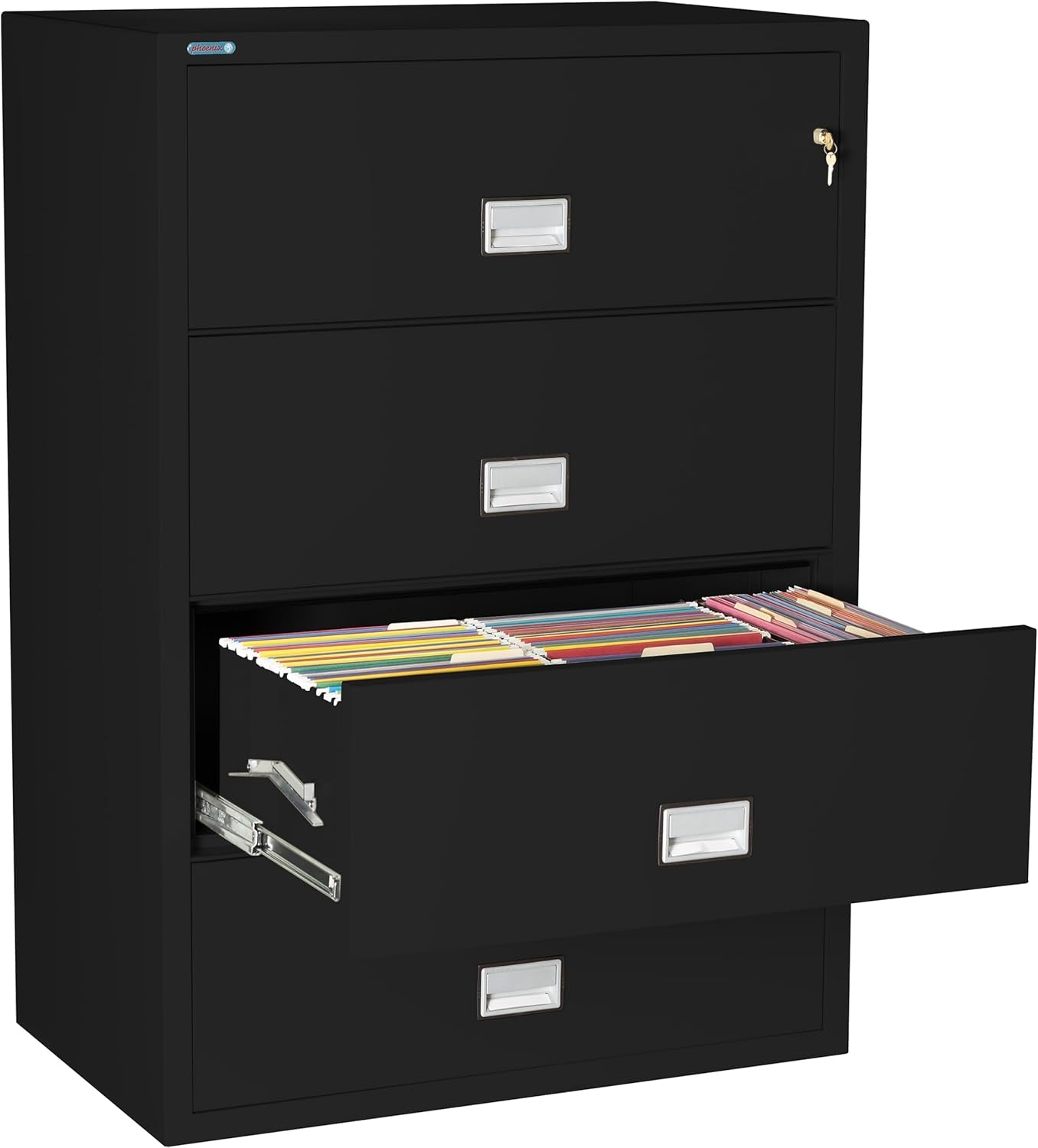 38 Inch Lateral 4 Drawer Fireproof File Cabinet With Key Lock Black