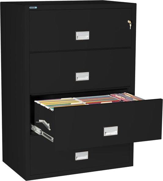 38 Inch Lateral 4 Drawer Fireproof File Cabinet With Key Lock Black