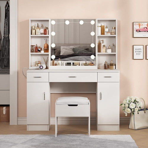 White Vanity Table With Drawers And Cabinets Six Shelves