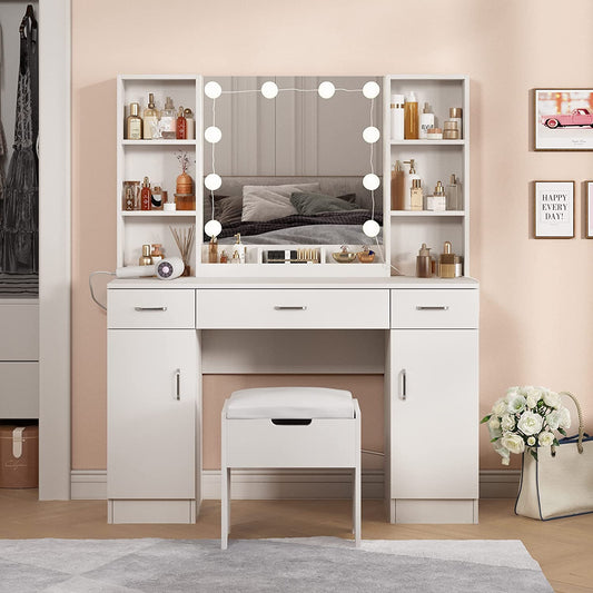 White Vanity Table With Drawers And Cabinets Six Shelves