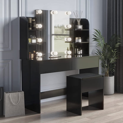 Black Vanity Set With 10 Lights For Bedroom Storage