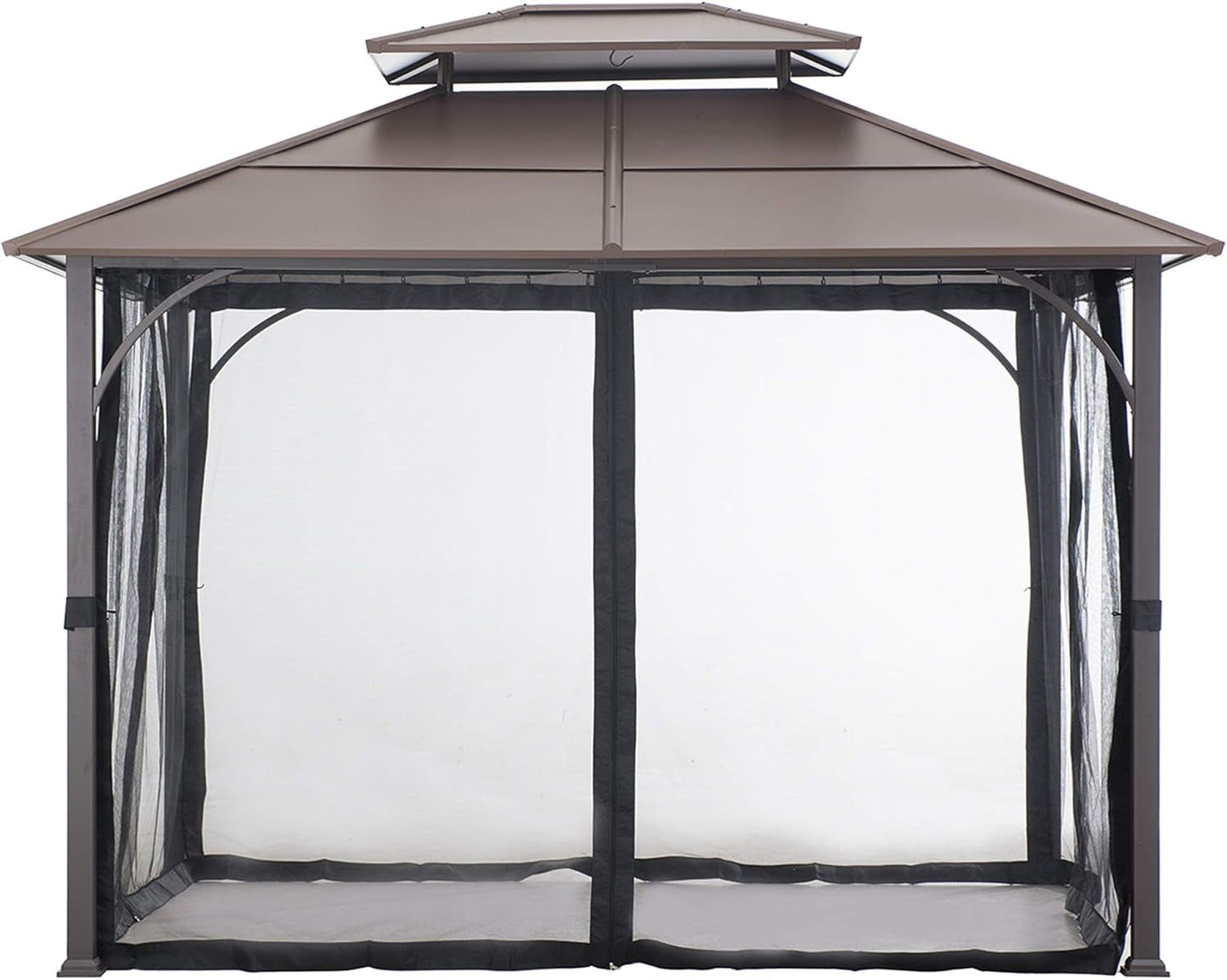 10x12 Brown Hardtop Gazebo With Steel Frame And Netting For Outdoor