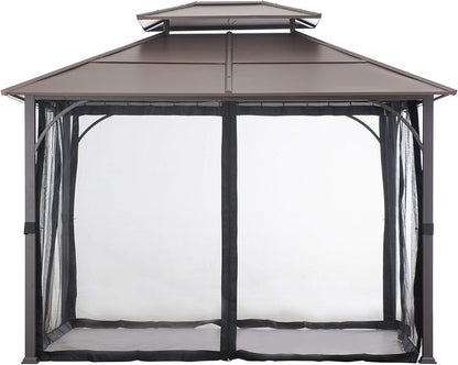 10x12 Brown Hardtop Gazebo With Steel Frame And Netting For Outdoor