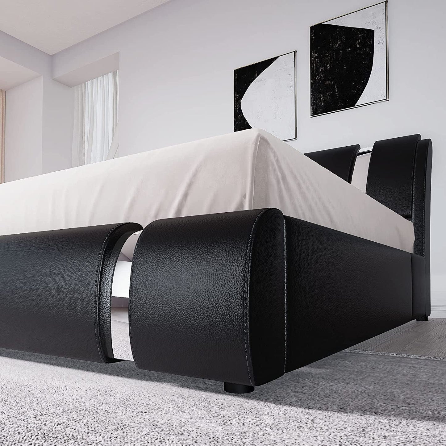 Black King Faux Leather Platform Bed Adjustable Headboard