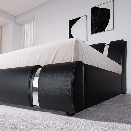Black King Faux Leather Platform Bed Adjustable Headboard