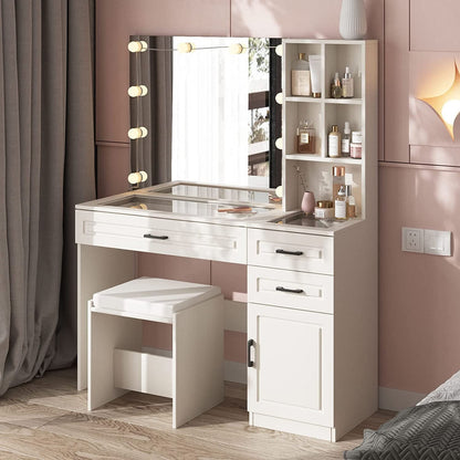 White Luxury Vanity Desk With Lighted Hollywood Mirror