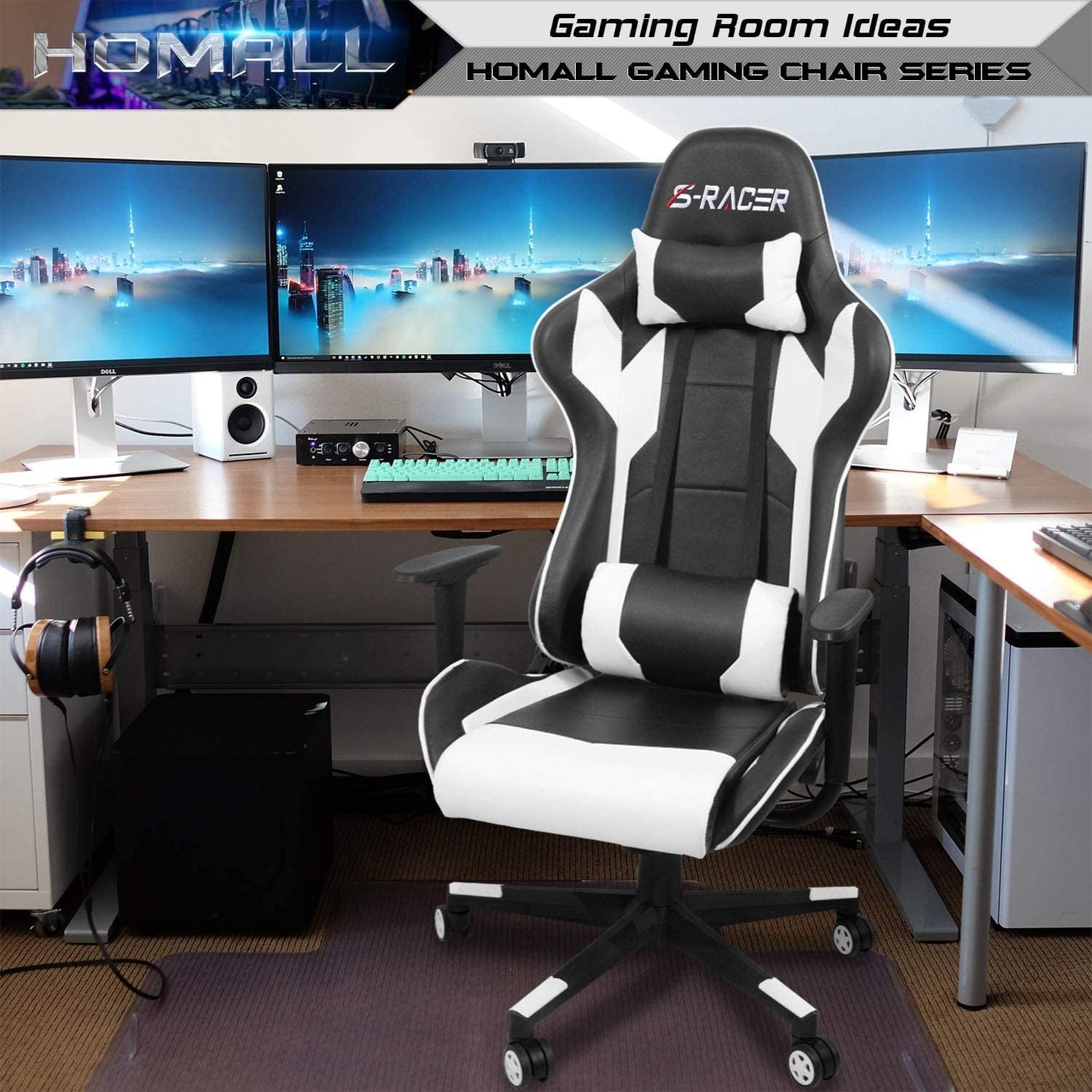 White Leather Ergonomic Gaming Chair With Lumbar Support