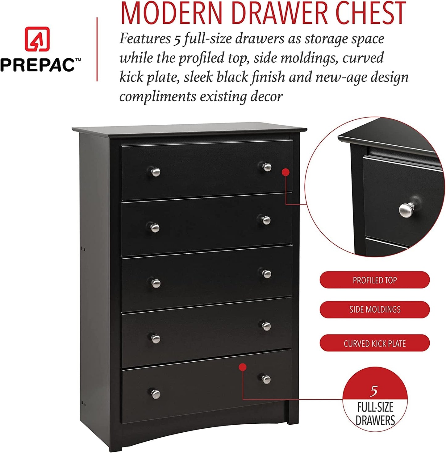 Sonoma Modern 5 Drawer Black Dresser Chest For Bedroom