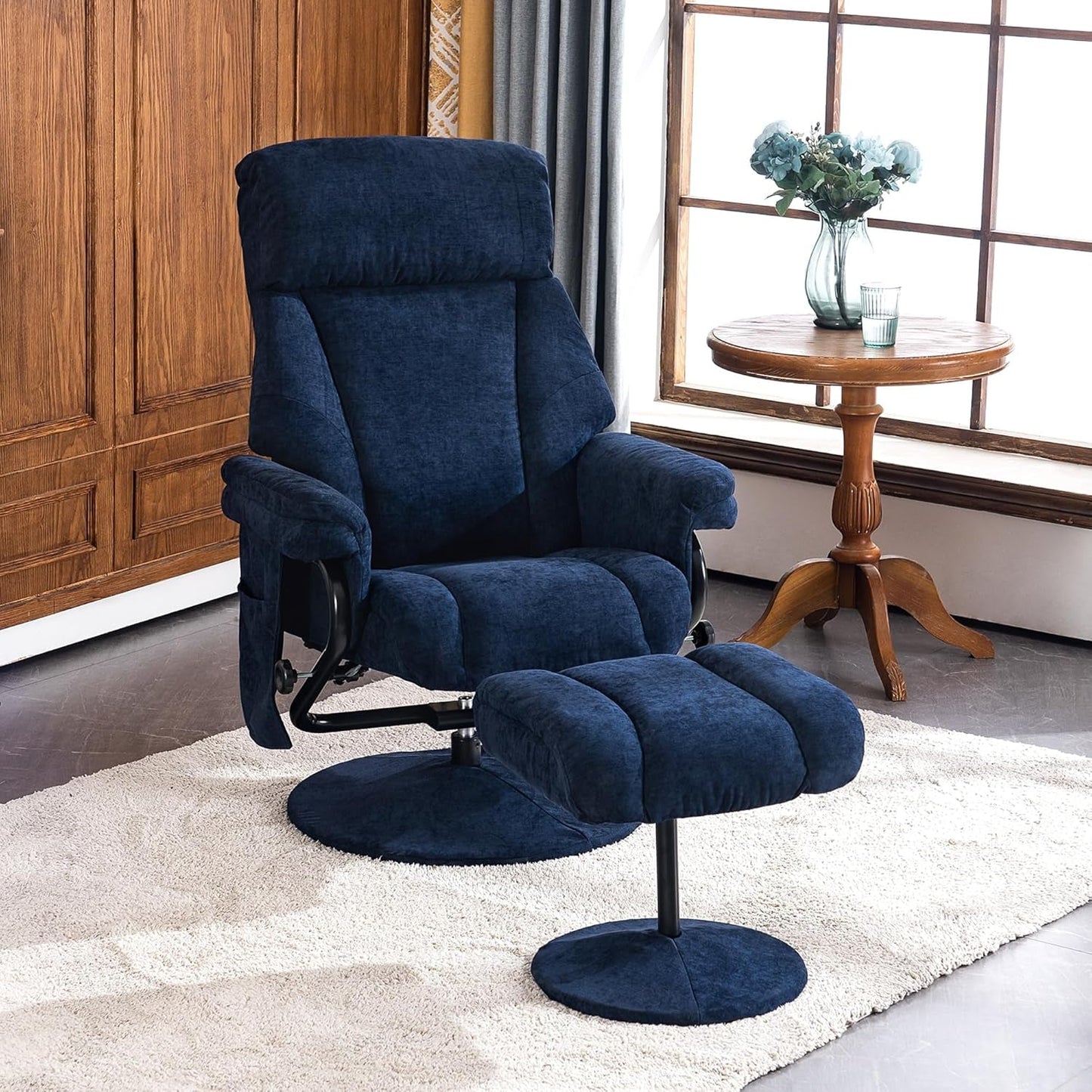 Swivel Recliner With Ottoman And Vibration Massage Blue Textile