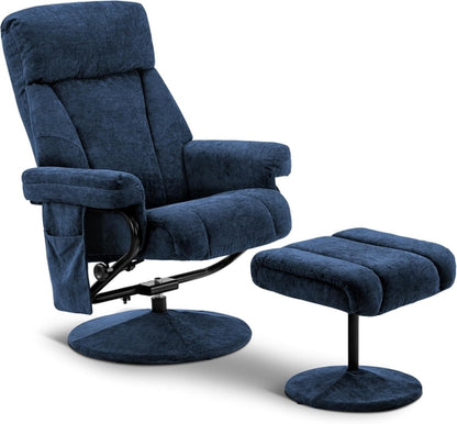 Swivel Recliner With Ottoman And Vibration Massage Blue Textile