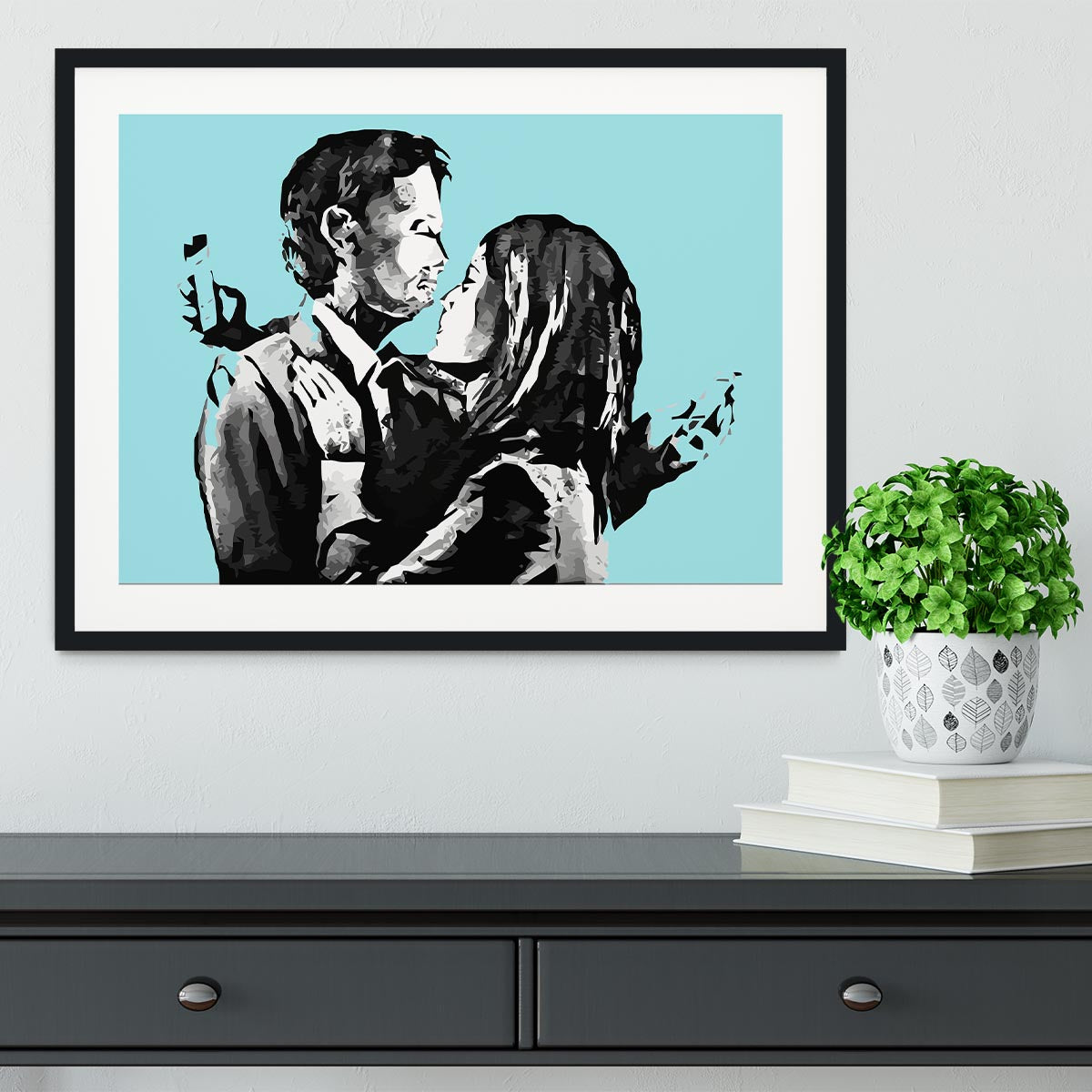 Banksy Mobile Lovers Light Blue Framed Print