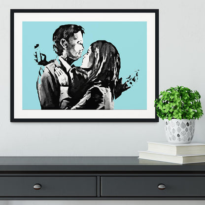Banksy Mobile Lovers Light Blue Framed Print