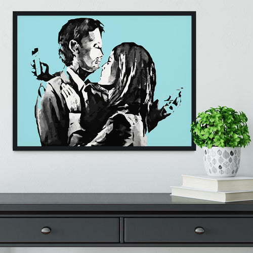 Banksy Mobile Lovers Light Blue Framed Print