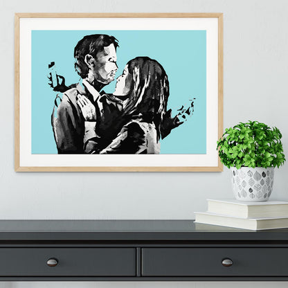 Banksy Mobile Lovers Light Blue Framed Print