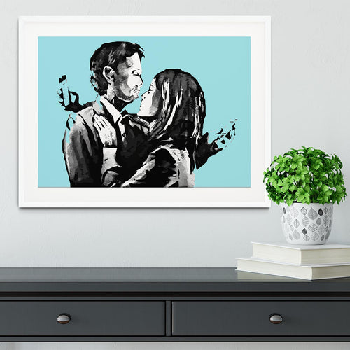 Banksy Mobile Lovers Light Blue Framed Print